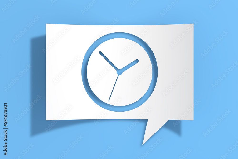 Aufkleber circle clock watch icon on cutout white paper speech bubble. 3d rendering