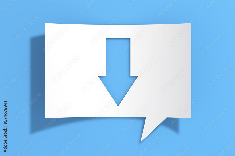 Aufkleber arrow down icon on cutout white paper speech bubble. 3d rendering