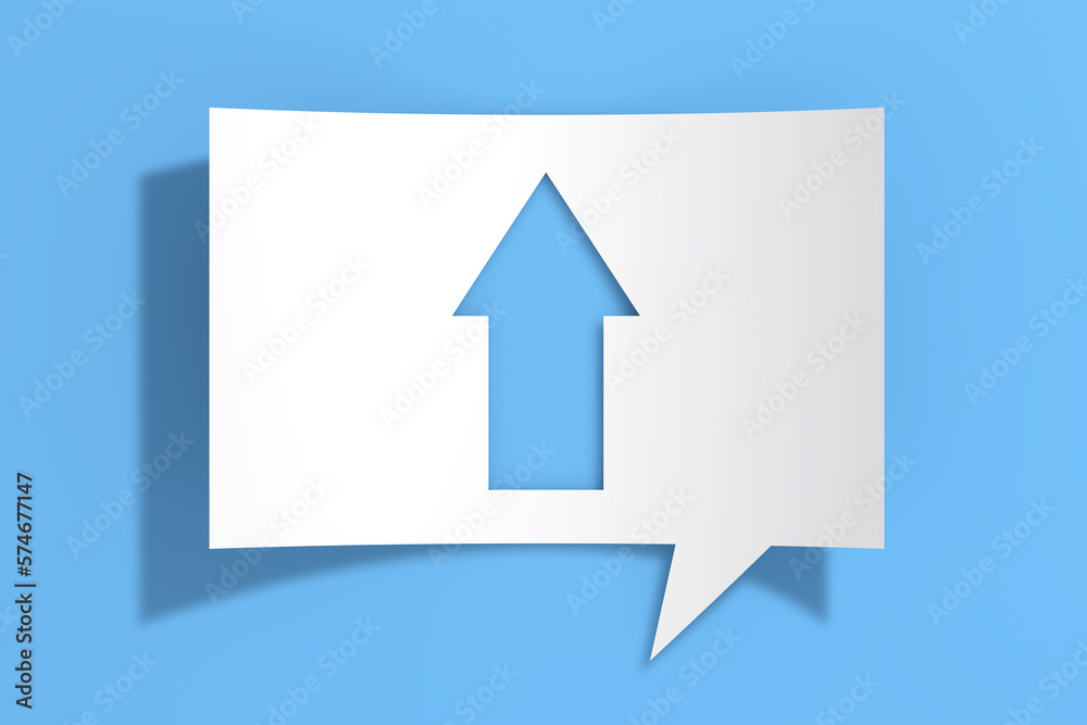 Aufkleber arrow up icon on cutout white paper speech bubble. 3d rendering