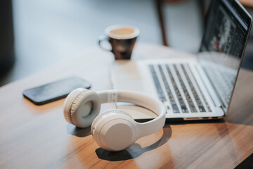 Modern wireless headphones and laptop computer while resting. organizing a workspace or home office work from home with copy space for. - obrazy, fototapety, plakaty