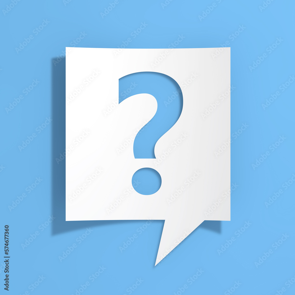 Poster faq, information, question mark on cutout white paper speech bubble. 3d rendering