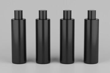 Black Plastic Shampoo  Multiple Cosmetic Bottle Mockup. 3D Rendering