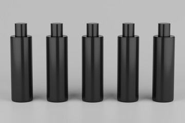 Black Plastic Shampoo  Multiple Cosmetic Bottle Mockup. 3D Rendering