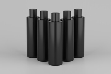 Black Plastic Shampoo  Multiple Cosmetic Bottle Mockup. 3D Rendering