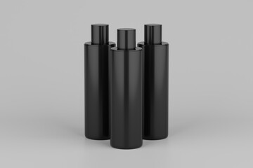 Black Plastic Shampoo  Multiple Cosmetic Bottle Mockup. 3D Rendering