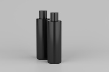 Black Plastic Shampoo  Multiple Cosmetic Bottle Mockup. 3D Rendering