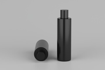 Black Plastic Shampoo  Multiple Cosmetic Bottle Mockup. 3D Rendering