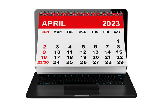 April 2023 calendar over laptop screen. 3d rendering