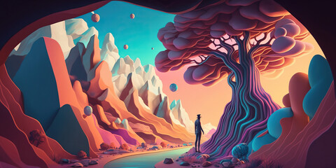 A fantasy pschedelic dreamlike landscape in vivid colors  - Generative AI