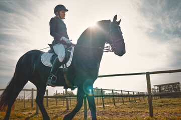 Woman, equestrian, pet horse ride and mockup in nature on countryside grass field. Animal training,...
