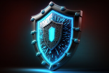 Fototapeta premium cyber security, guard data protection shield neon blue color illustration Generative AI