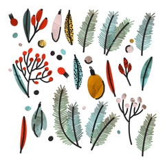 Colorful set of tree balls, leaves, berries and spruce branches. Paper cut illustration for Christmas and New Year design