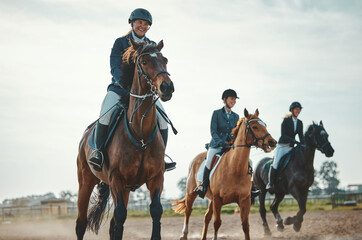 Equestrian, horse riding and sport, women in countryside outdoor with rider or jockey, recreation and speed. Animal, sports and fitness with athlete, group and competition with healthy lifestyle