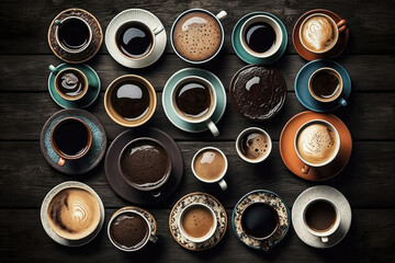 Coffee cups on dark wooden background. Generative AI