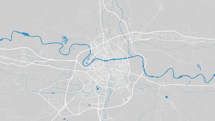 River Ebro map, Zaragoza city, Spain. Watercourse, water flow, blue on grey background road map. Vector illustration.