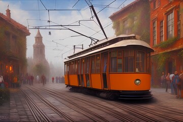 Plakat Tram in old city, oil paintings landscape - generative ai