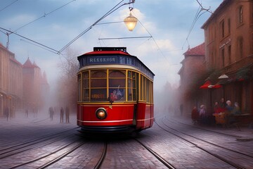 Fototapeta na wymiar Tram in old city, oil paintings landscape - generative ai