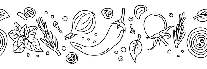 Seamless pattern.Spices and vegetables background. Vector background with handmade herbs and spices. 