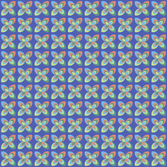 Abstract seamless pattern with multicolored flowers on a blue background.