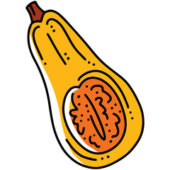 Nutmeg pumpkin, cucurbita moschata, autumn vegetable harvest linear cartoon vector icon in doodle style