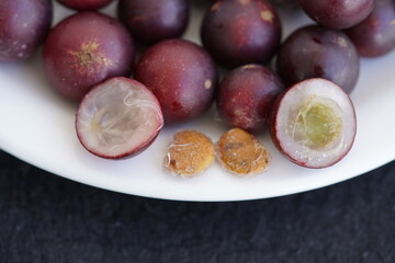 Camu-camu fruits (Myrciaria dubia) Myrtaceae family which strengthens the immune defense system and...