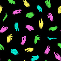 Naklejka premium Vector Stylish seamless pattern with Neon Hand Gestures. Colorful background