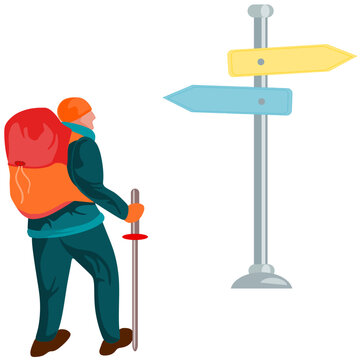 Concepto de excursionista mochilero con elecci&oacute;n de elegir camino o direcci&oacute;n a seguir, con fondo transparente