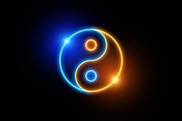 Yin Yang neon light symbol in blue and orange colors on a black background