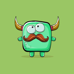Vector cartoon funny green monster with horn isolated on green background. Smiling silly green monster print sticker design template. Ghost, troll, gremlin, goblin, devil and monster clip art