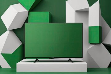 Smart TV mockup on geometric pedestal in modern minimalist living room with blank green screen. Concept: wall-mounted green screen chroma key TV. Generative AI