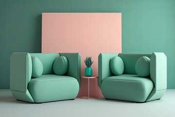 The living area contains green walls and two sofas. Minimalism. pastel hues. Generative AI