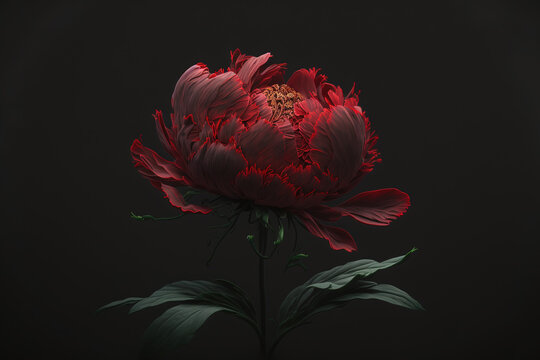 Close up of a red peony bloom on a hazy, black backdrop. Low key decoration an image of a flowering peony. a single luscious peony head with a mystery red bloom in the front. Generative AI