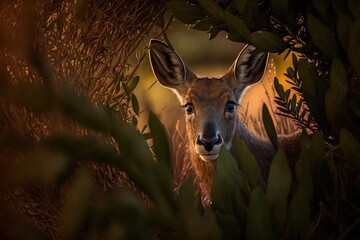 A young hornless deer or roe deer hides behind a bush in the forest at sunset. Photorealistic illustration generated by AI.