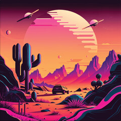 Alien planet landscape with pink hue, dessert, cactus and canyon 