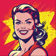 Cartoon pop art style woman smiling on red background