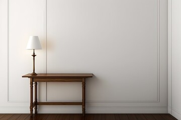 A brown wooden table against a white wall. Generative AI