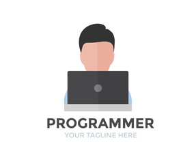 Male programmer with laptop  logo design. Person Profile, Avatar Symbol, Male people icon. Male professional programmer vector design and illustration.