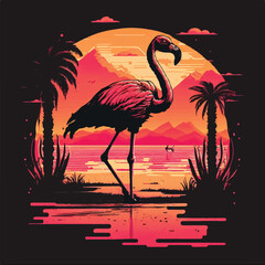Flamingo Illustration retro style vector art in pink neon colors