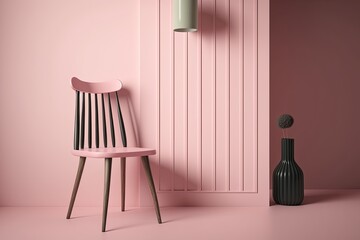 a lovely wooden chair with a pink background. Generative AI