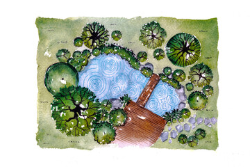 Landscape architect plan design by watercolor hand drawn painting with brushes strokes.Colorful...