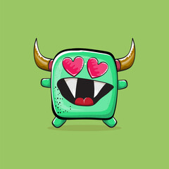 Vector cartoon funny green monster with horn isolated on green background. Smiling silly green monster print sticker design template. Ghost, troll, gremlin, goblin, devil and monster clip art