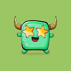 Vector cartoon funny green monster with horn isolated on green background. Smiling silly green monster print sticker design template. Ghost, troll, gremlin, goblin, devil and monster clip art