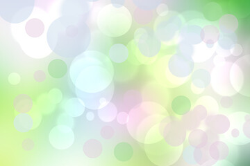 Abstract blurred fresh vivid spring summer light delicate pastel yellow green white bokeh background texture with bright circular soft color lights. Beautiful backdrop illustration.