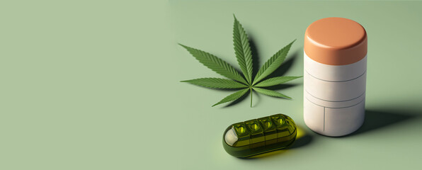 medicinal cannabis leaf green pills, banner with copy space