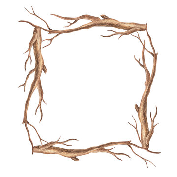 Square wreath of brown branches. Watercolor illustration. Isolated on a white background. Place for text or inscription.For rustic print design, eco friendly packaging, easter cards, vintage stickers