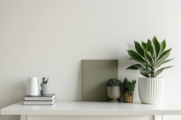 a white desk with a green houseplant, a shelf facing an empty beige wall, and text space. Generative AI
