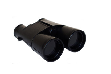 Black  binoculars  or telescope isolated on white background. Concept,  equipment or tool for looking long distance view. Exploring, searching, adventure journey kit. Visual aid.    