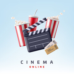 Cinema online. Modern dynamic 3D composition of clapper, popcorn, drink and tickets on a light background. For advertising cinemas and movies online.