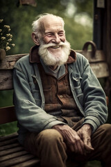 Portrait alter Mann mit Bart, Senior oder Opa auf Parkbank im Wald - fröhlich und gut gelaunt - Thema Altersvorsorge - Generative AI Illustration