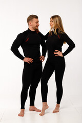 Sports family, husband and wife in thermal clothes.